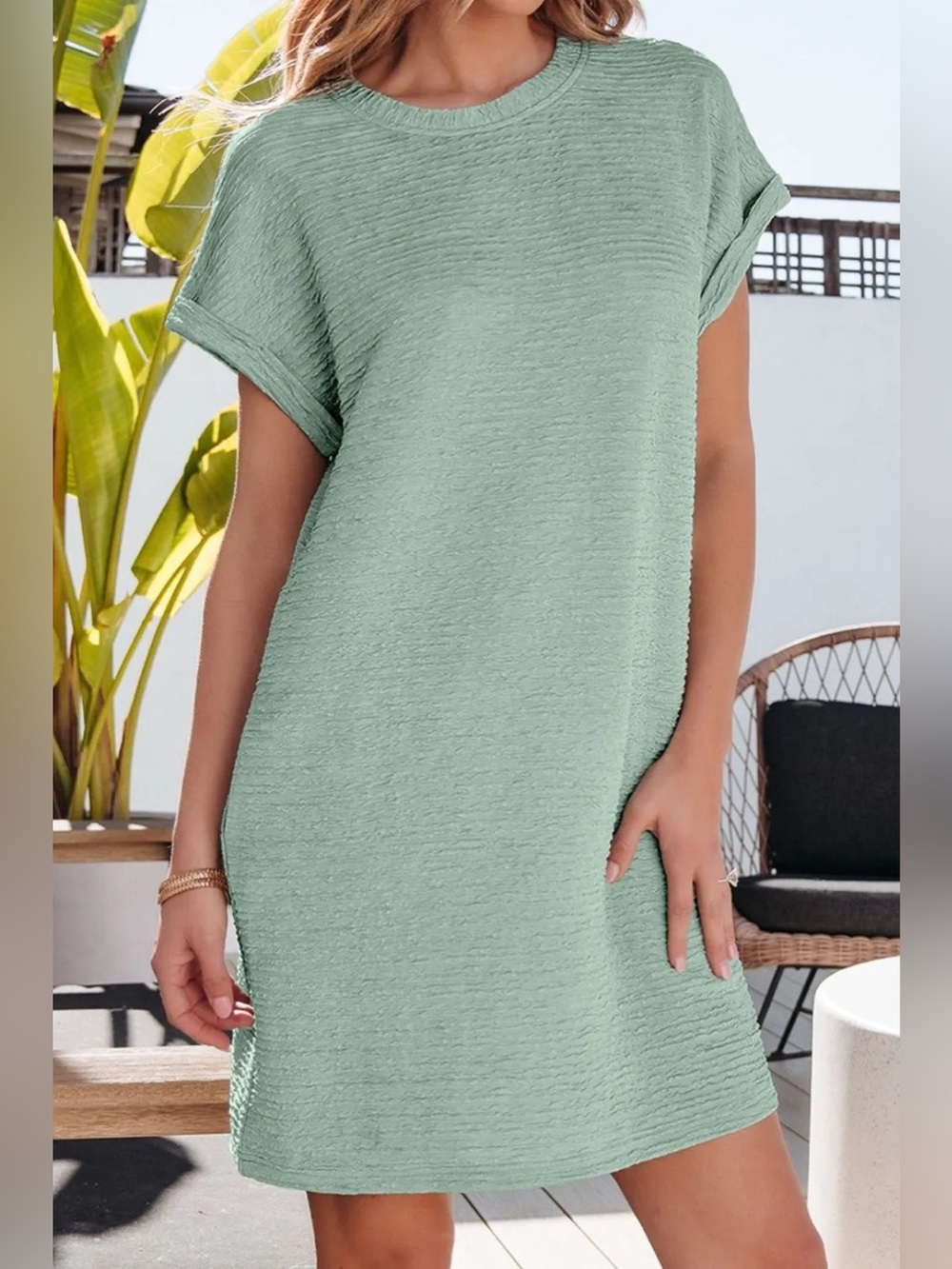 Evaless Solid Color Textured Crinkle Short Sleeve T Shirt Dress In Sage Size XL
